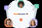 Three diverse users connected by ReadSpeaker logo, showcasing educational engagement.